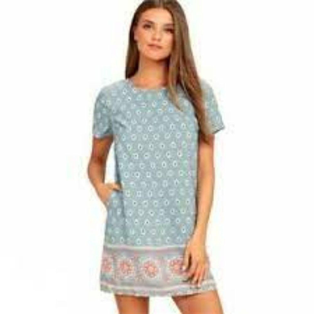 LULUS SECRET PARADISE BLUE PRINT SHIFT DRESS SHORT SLEEVE LIGHTWEIGHT SIZE XS